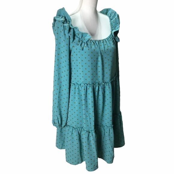J.O.A. Women’s Size Medium Teal Ruffle Tiered Mini Dress Long Sleeve Style 15062 - Picture 7 of 16